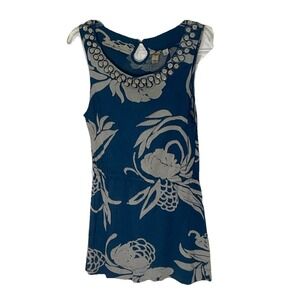 Ric Rac Womens Blue Grey Floral Sleeveless Button Embellished Neck Top Size M